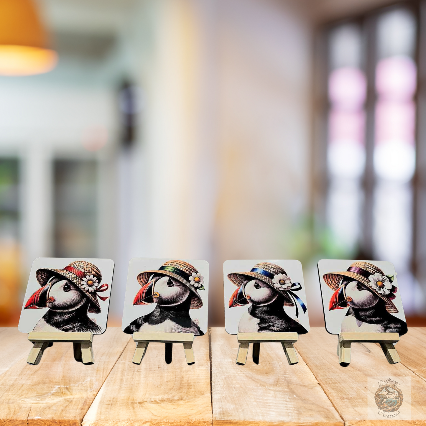 “Puffin Garden Party” – Set of 4 Cork-Backed Coasters