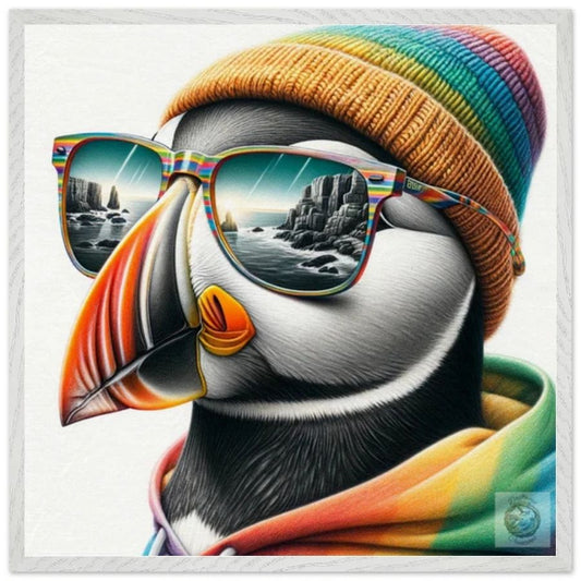 Prismatic Coast Watcher: Puffin in a Rainbow Toque and Hoodie