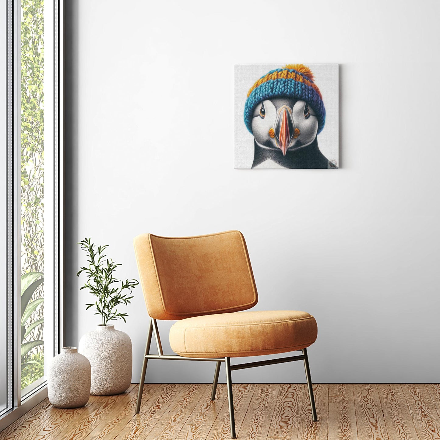 Azure Attitude: Puffin with a Colorful Top Canvas Wrap