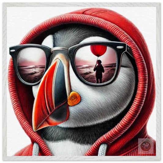 Hope on the Horizon: Puffin in a Red Hoodie with Balloon Reflection