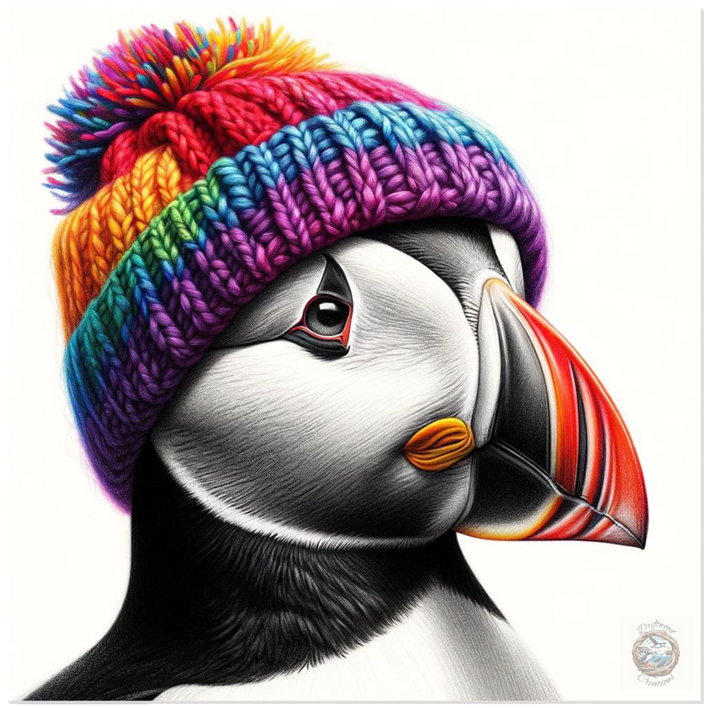 Vivid Knit: Puffin with Multicolored Pom Hat Acrylic Print