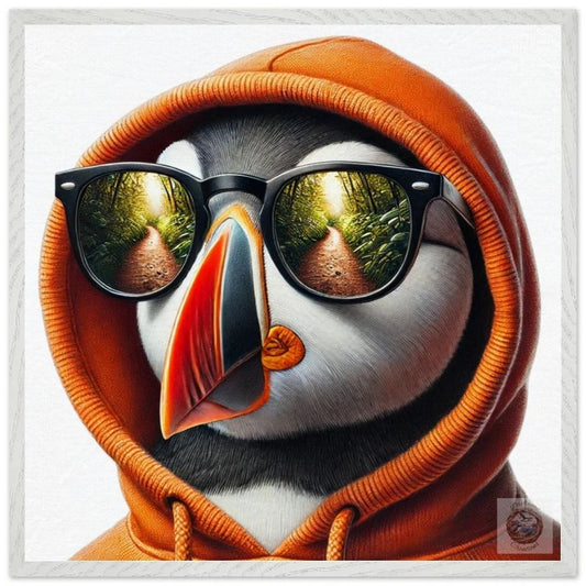 Journey to Joy: Puffin in Orange Hoodie with Trail Reflection