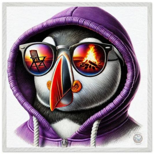 Embers of Calm: Puffin in Purple Hoodie with Bonfire Reflection