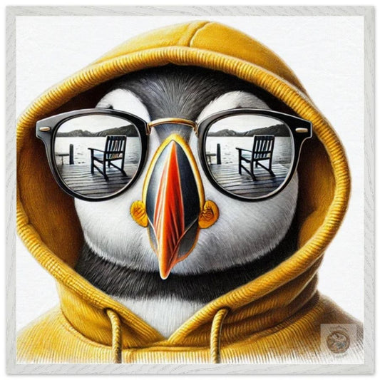 Still-Water Sanctuary: Puffin in Yellow Hoodie with Lakeside Reflection