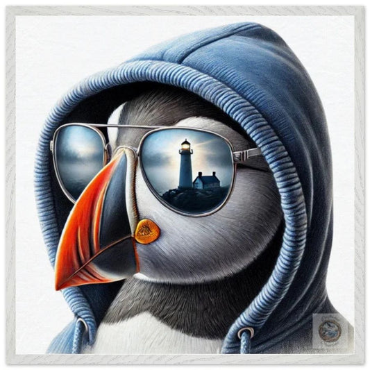 Guiding Light: Puffin in a Blue Hoodie with Lighthouse Reflection