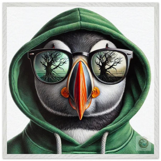 Rooted Renewal: Puffin in Green Hoodie with Tree Reflection