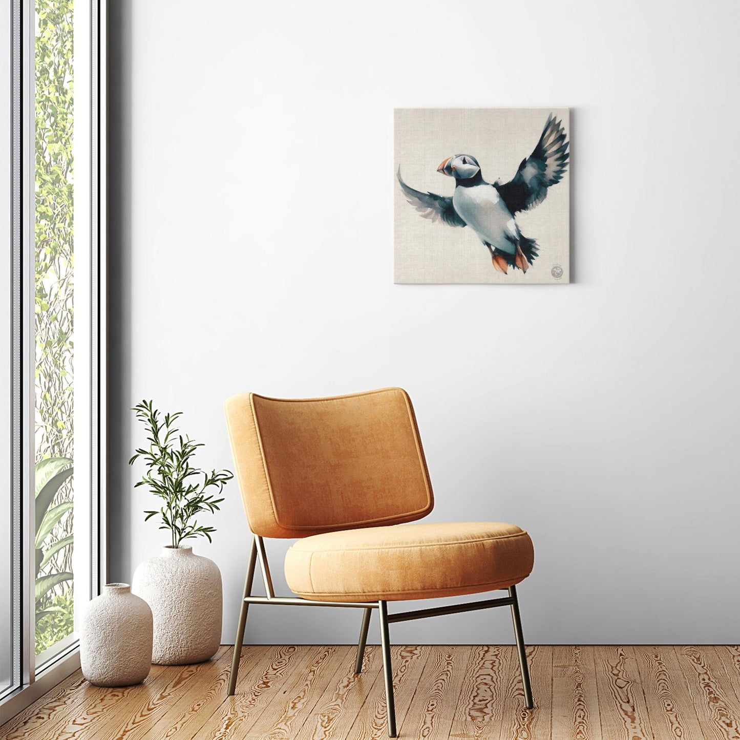 Solo Flight: Puffin's Poise in the Wind Canvas Wrap