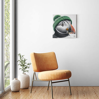 Emerald Lookout: Puffin with a Green Hat on Newfoundland Rocks Canvas Wrap