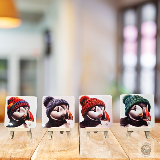 "Puffin Cozy Crew" – Set of 4 Cork-Backed Coasters