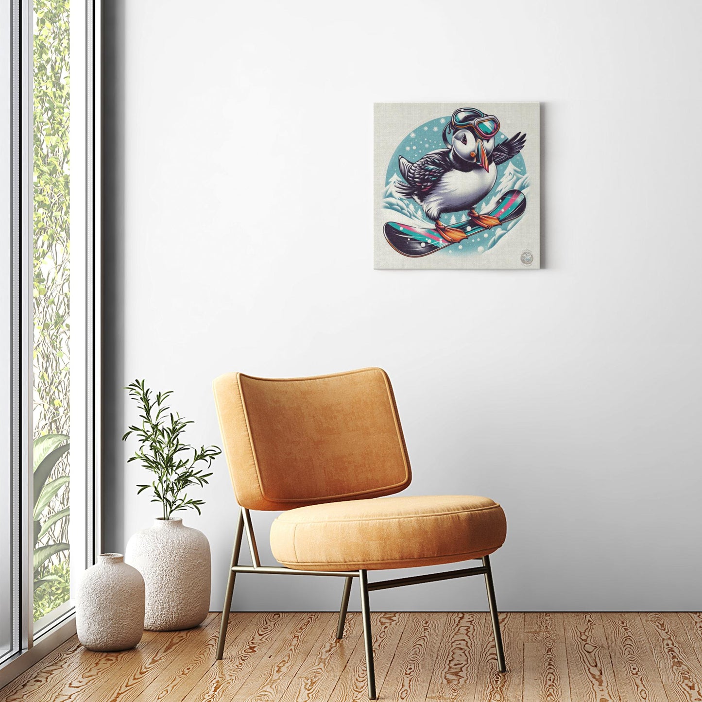 Winter Whimsy: Snowboarding Puffin Canvas Wrap