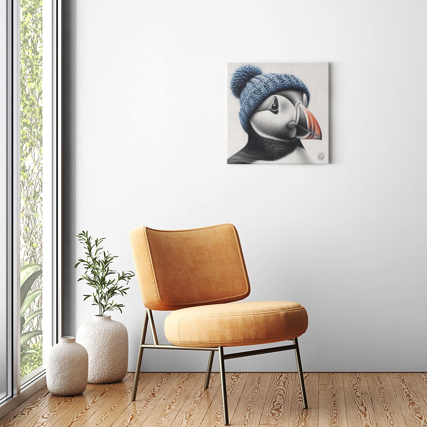 Azure Attire: Puffin in a Blue Hat on the Shores of Newfoundland Canvas Wrap