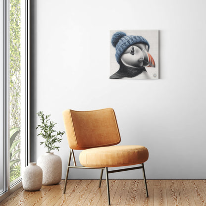 Azure Attire: Puffin in a Blue Hat on the Shores of Newfoundland Canvas Wrap