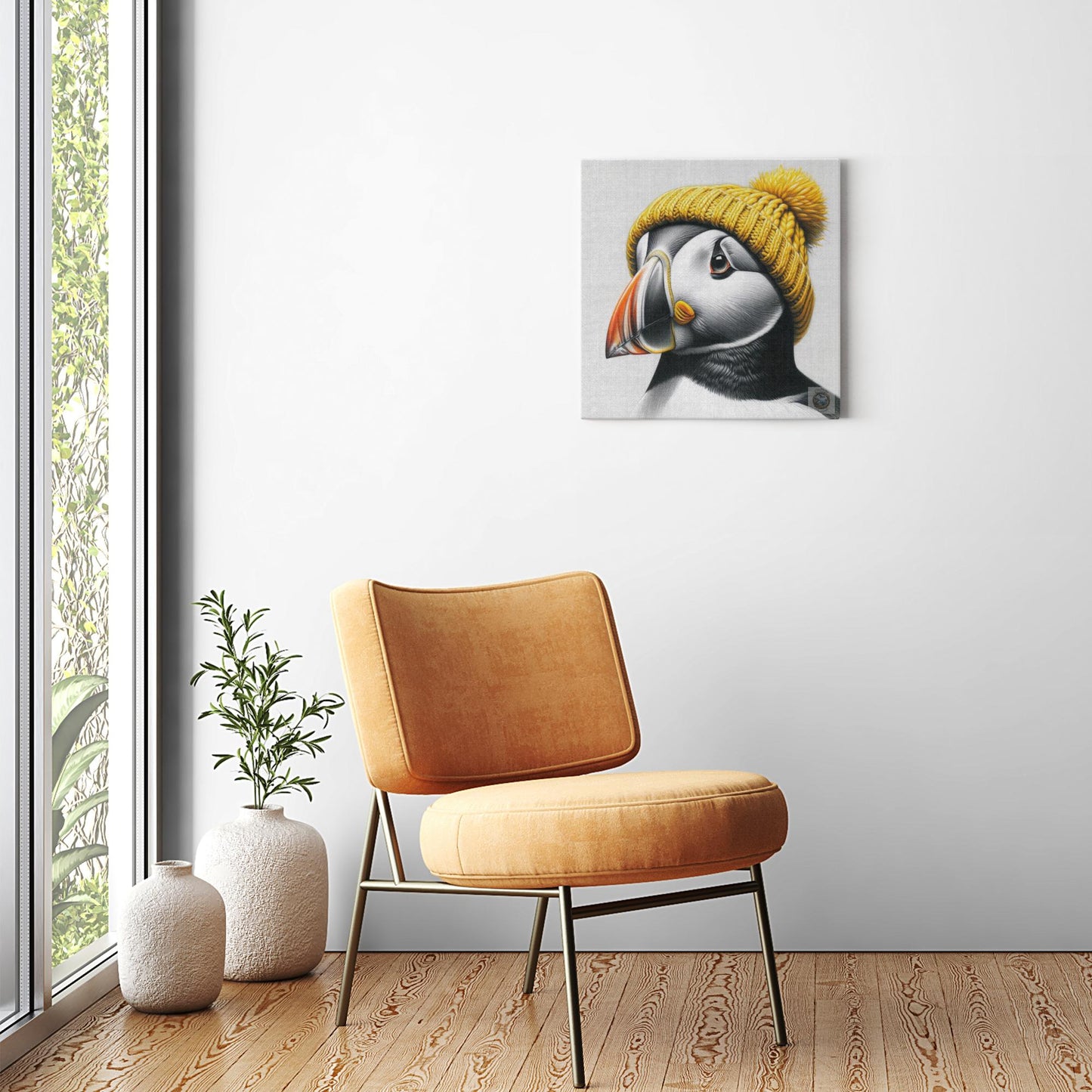 Golden Warmth: Puffin in a Yellow Hat by the Newfoundland Sea Canvas Wrap