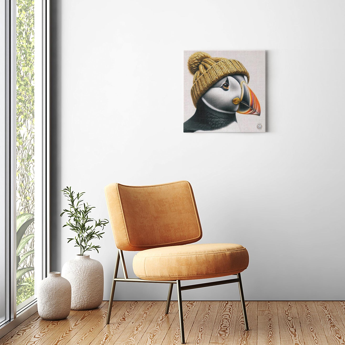 Chilly Elegance: Puffin in a Golden Knit Hat Canvas Wrap