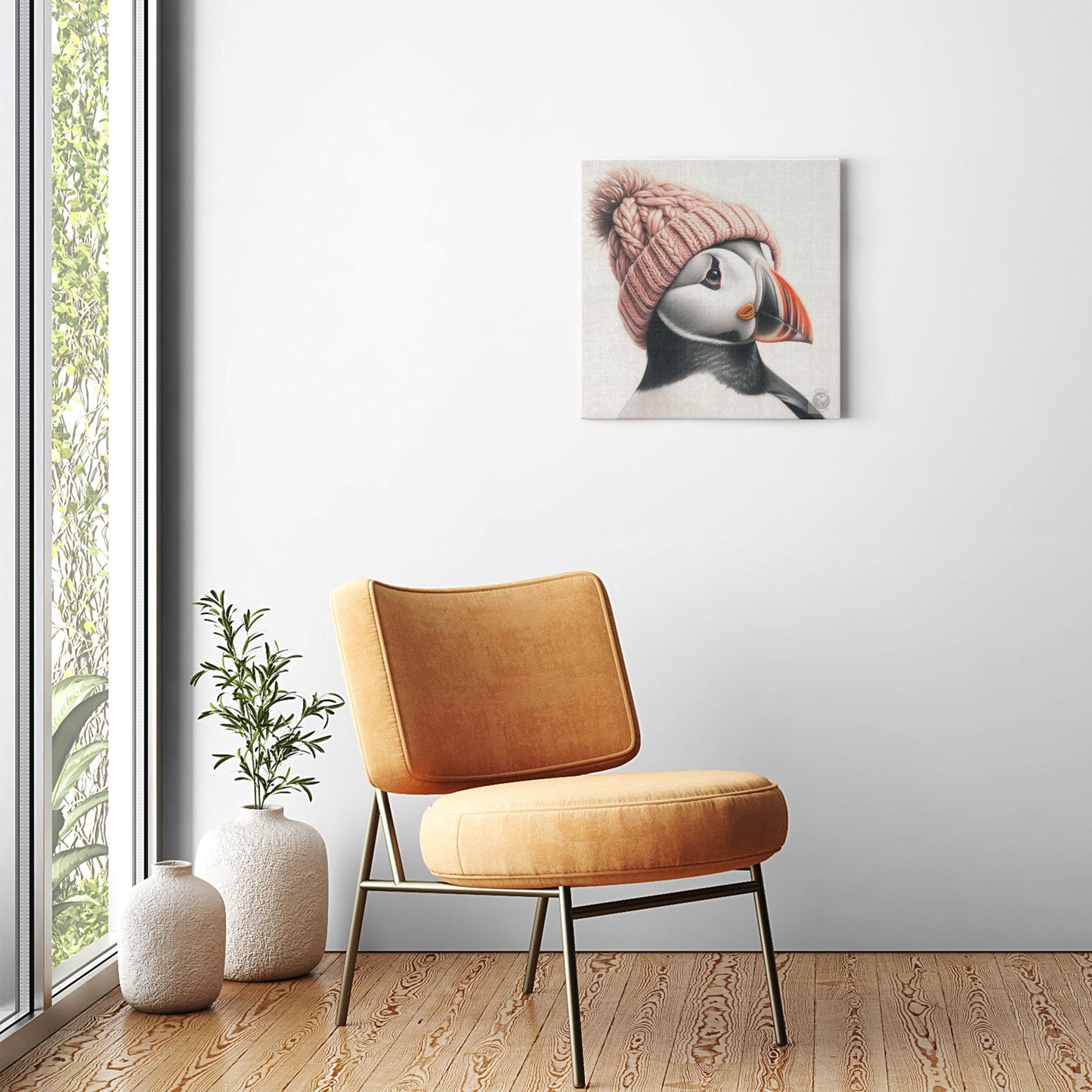 Blush Warmth: Puffin Portrait with Pink Beanie Canvas Wrap