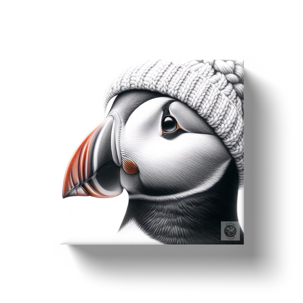 Woolen Warmth: Puffin with a Knit Cap in Newfoundland Canvas Wrap