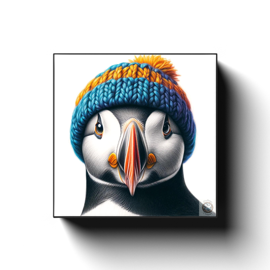 Azure Attitude: Puffin with a Colorful Top Canvas Wrap