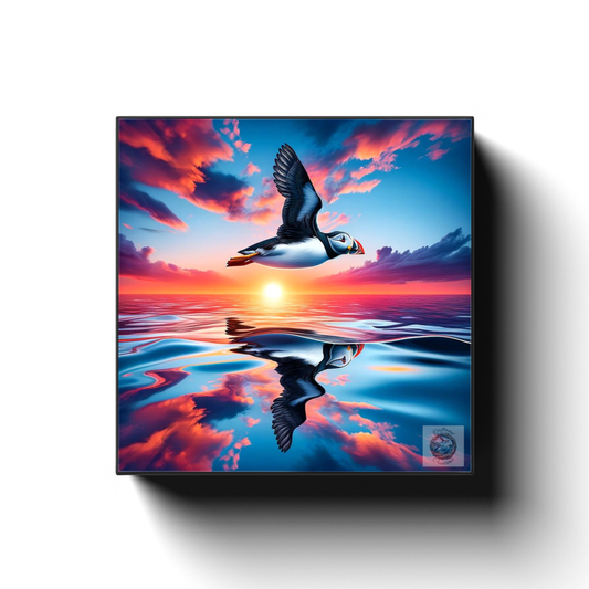 Twilight Flight: Puffin Over Water Canvas Wrap