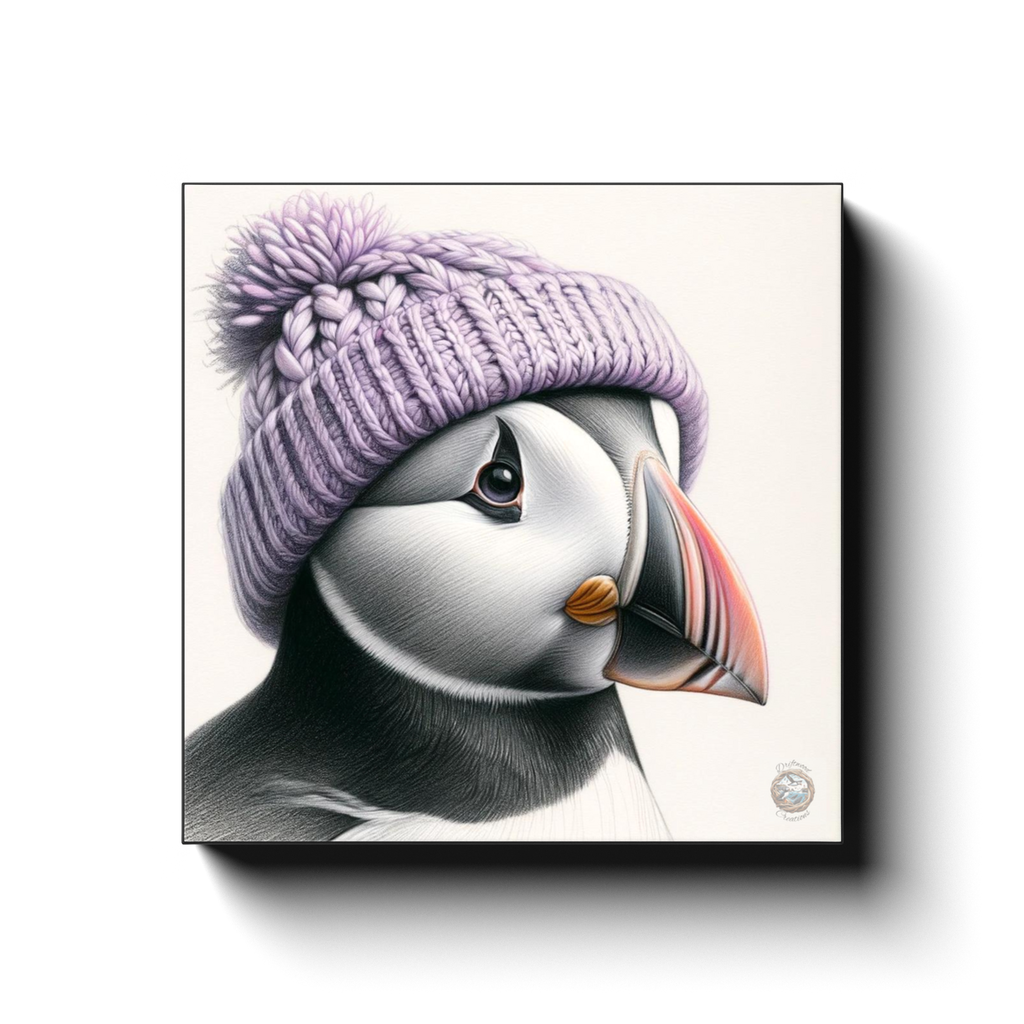 Purple Peace: Puffin in a Lavender Hat against Newfoundland's Scenery Canvas Wrap