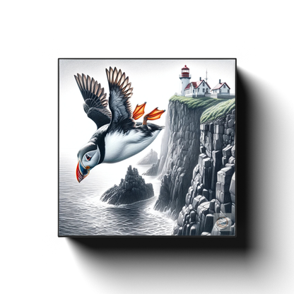 Cliffside Departure: Puffin's Flight from Newfoundland's Shores Canvas Wrap