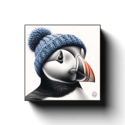 Azure Attire: Puffin in a Blue Hat on the Shores of Newfoundland Canvas Wrap