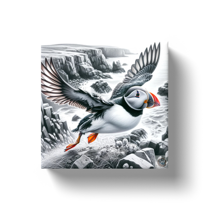 Graceful Puffin's Seaside Flight Canvas Wrap