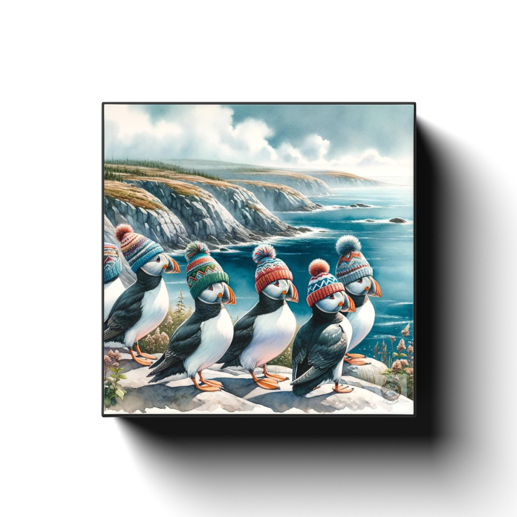 Puffin Huddle: Knitted Warmth of Newfoundland Canvas Wrap