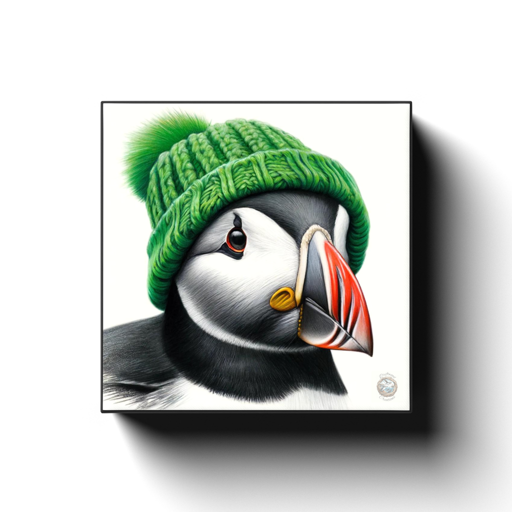 Verdant Vision: Puffin in a Green Beret Canvas Wrap