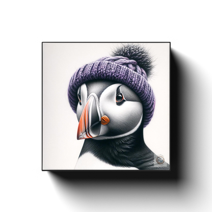 Lilac Leisure: Puffin Sporting a Knit Hat in Newfoundland Canvas Wrap