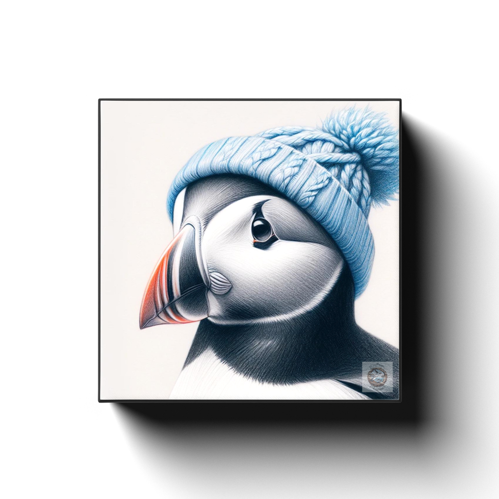 Sky Hues: Puffin in Blue Winter Hat Canvas Wrap