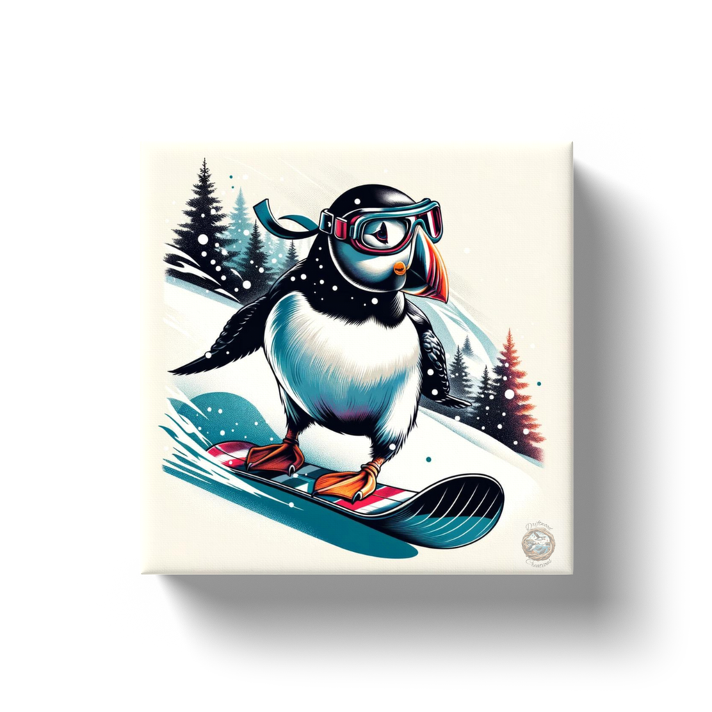 Snowy Slopes: Snowboarding Puffin Canvas Wrap