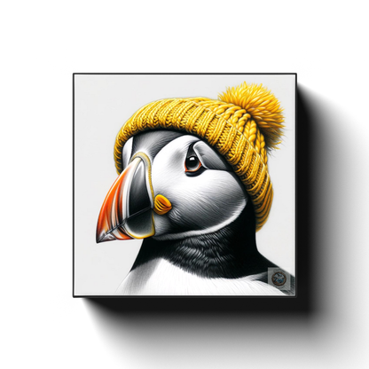 Golden Warmth: Puffin in a Yellow Hat by the Newfoundland Sea Canvas Wrap