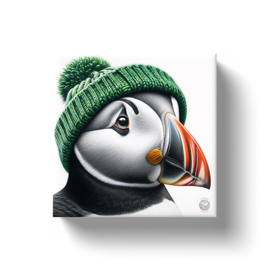 Emerald Lookout: Puffin with a Green Hat on Newfoundland Rocks Canvas Wrap