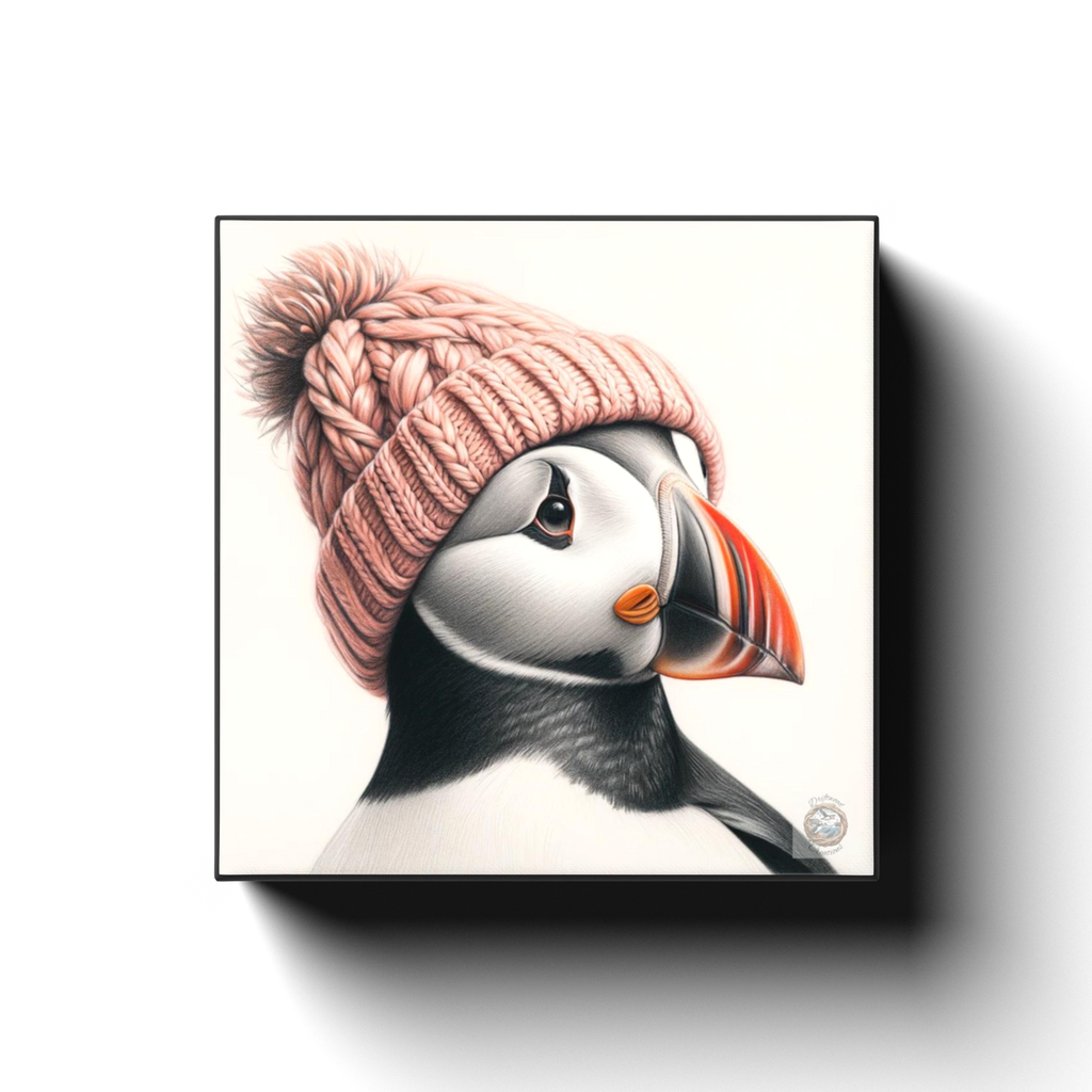 Blush Warmth: Puffin Portrait with Pink Beanie Canvas Wrap