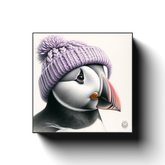 Purple Peace: Puffin in a Lavender Hat against Newfoundland's Scenery Canvas Wrap