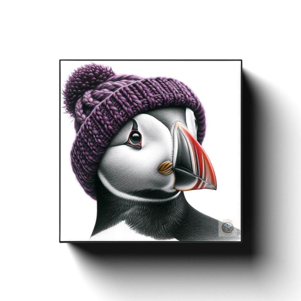 Rustic Plumage: Puffin with a Purple Pompom Hat in Newfoundland Canvas Wrap