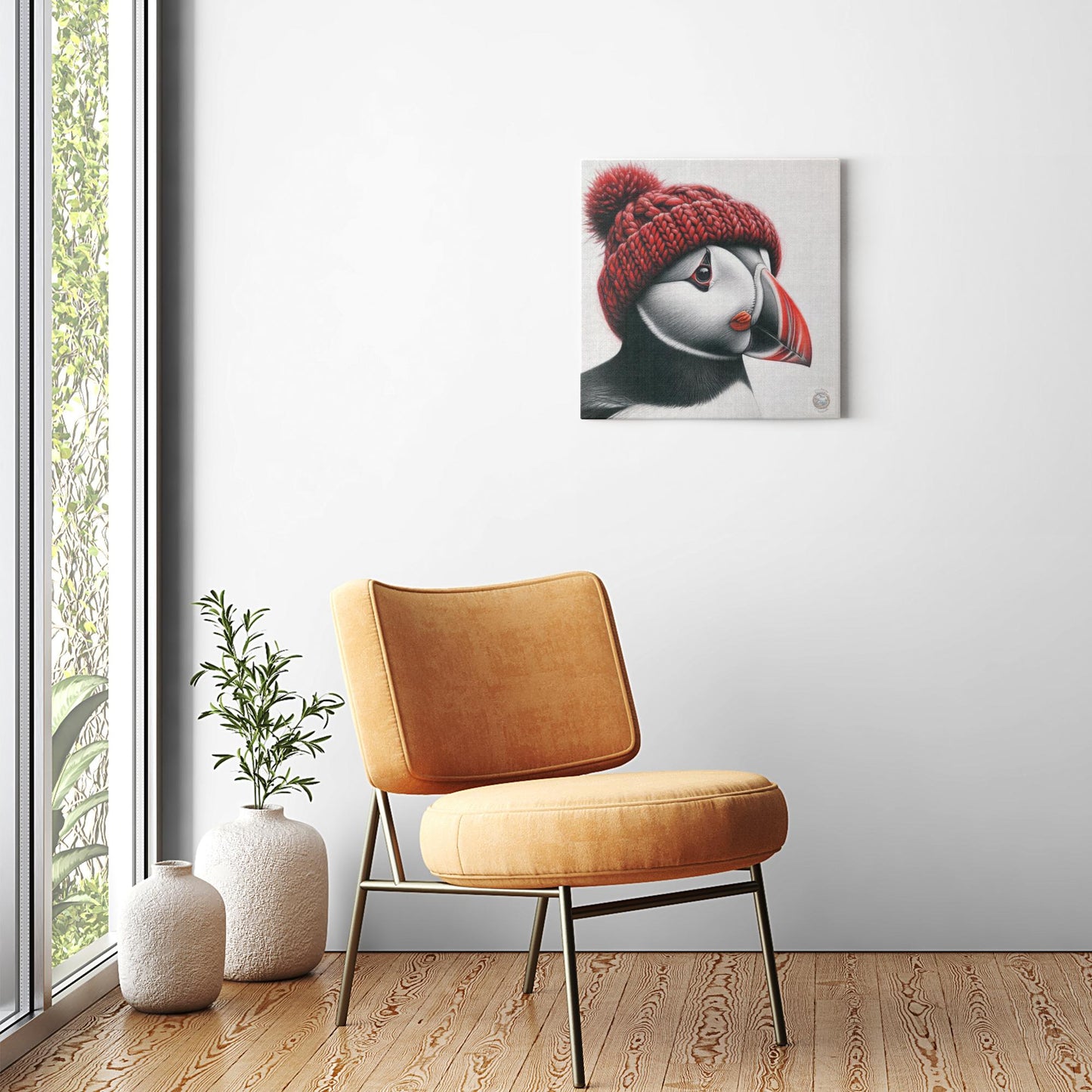 Crimson Comfort: Puffin in a Red Hat on the Newfoundland Coast Canvas Wrap