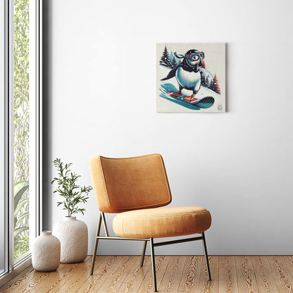 Snowy Slopes: Snowboarding Puffin Canvas Wrap